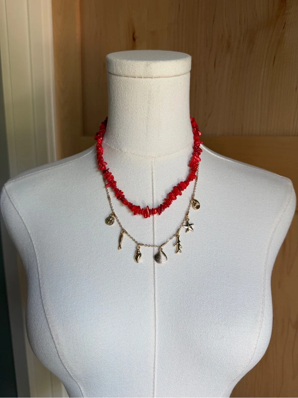 Time and Tru Red Coral Beaded Layered Beach Charm Coastal Necklace